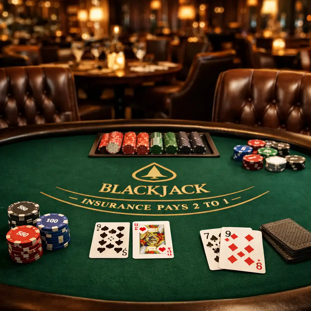 Stół do blackjacka z zielonym suknem, kartami z motywem plecionki i skórzanymi fotelami w tle