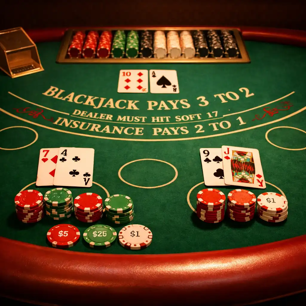 Stół do blackjacka z kartami i żetonami, widok z perspektywy gracza