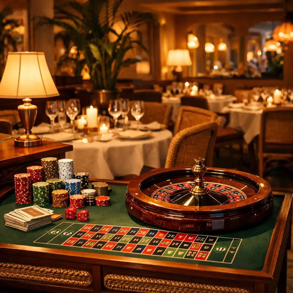 Wnętrze restauracji z dekoracyjnym stołem do ruletki i żetonami
