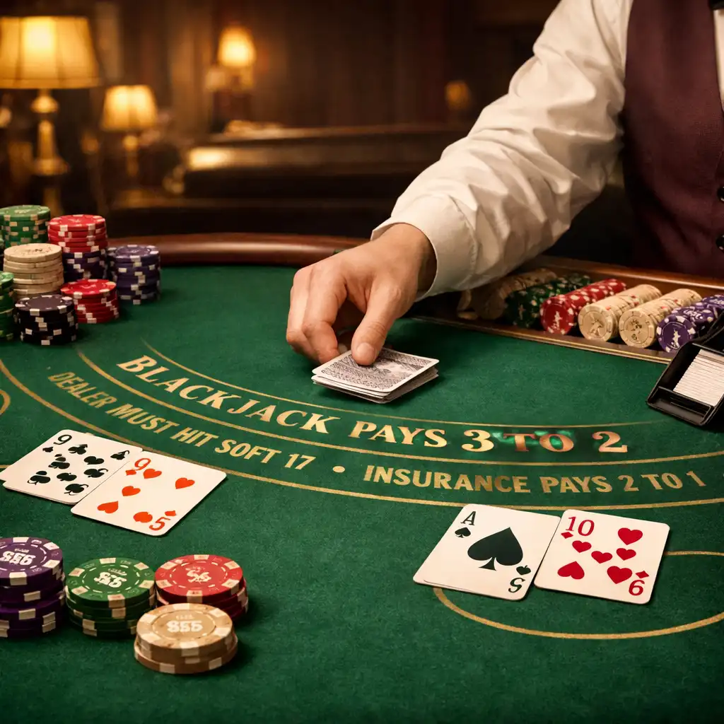 Stół do blackjacka z kartami i żetonami, dłoń krupiera rozdającego karty