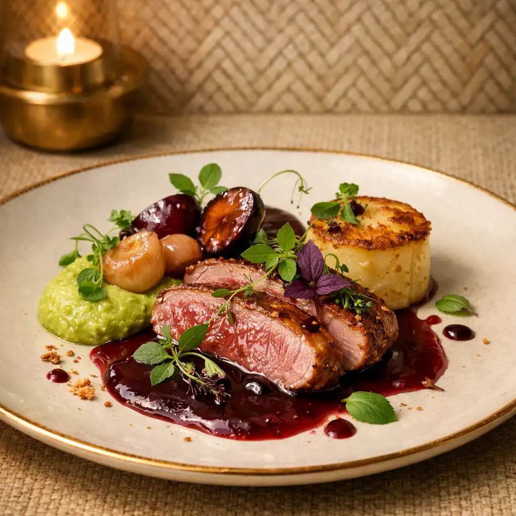 Wykwintne danie restauracyjne na eleganckim talerzu z dekoracją z ziół