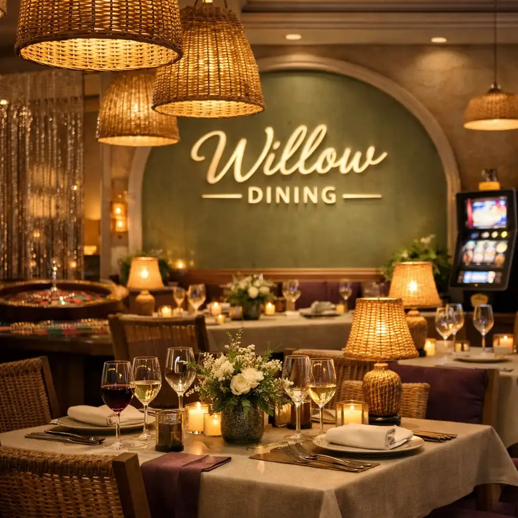 Wnętrze restauracji Willow Dining z wiklinowymi akcentami i subtelnymi elementami kasyna
