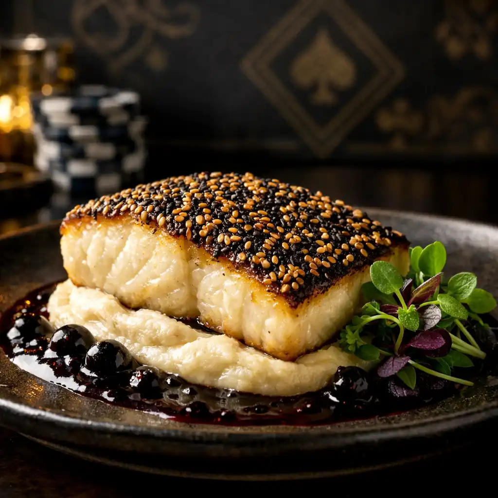 Halibut Czarny Jack w skórce z sezamu z puree z kalafiora i sosem z czarnej porzeczki