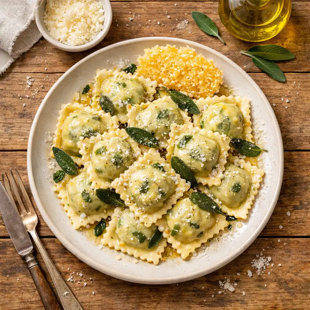 Domowe ravioli Królowa Kier z ricottą i szpinakiem, polane masłem szałwiowym