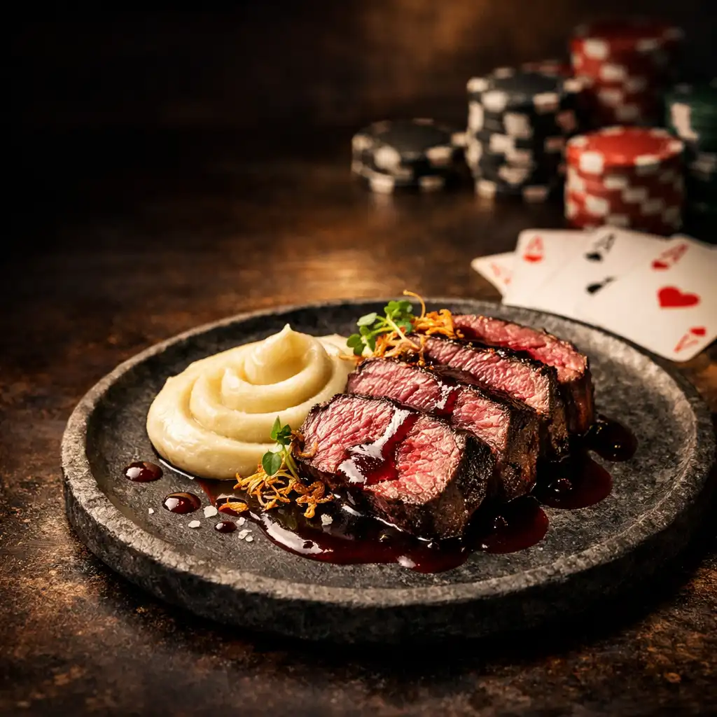 Polędwica wołowa Royal Flush na kamiennym talerzu z sosem z czerwonego wina, puree z selera i chipsami z jarmużu
