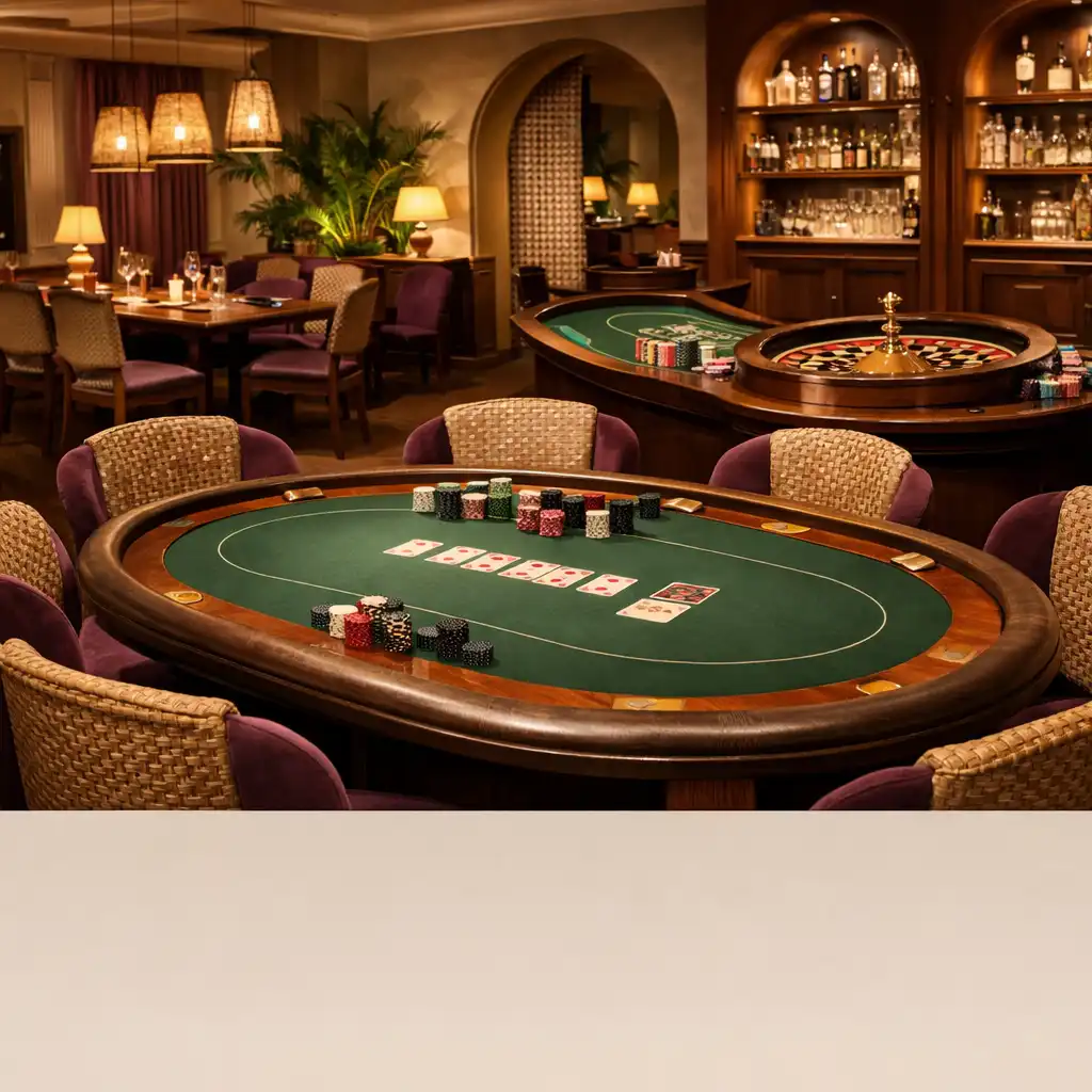 Eleganckie wnętrze restauracji Willow Dining z widocznym stołem pokerowym i kołem ruletki