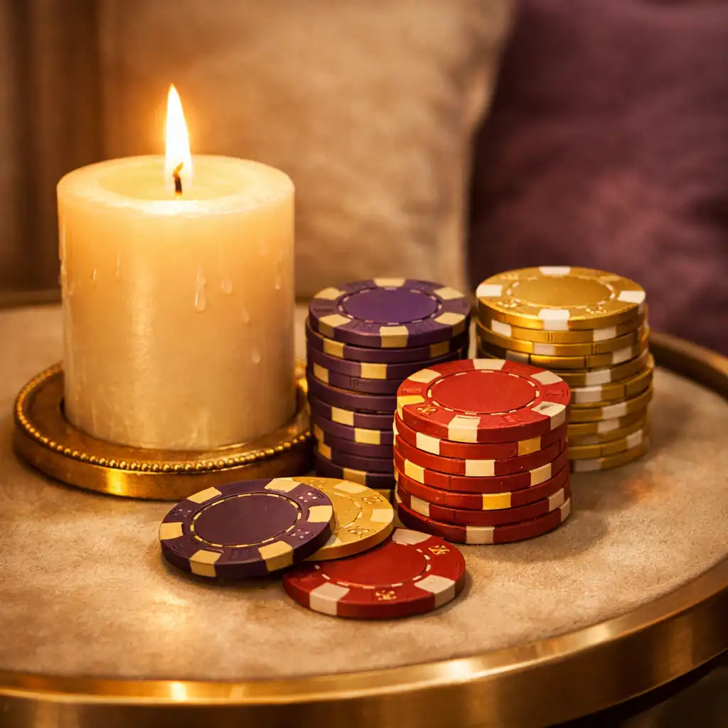 Stolik ze świecą i żetonami pokerowymi jako dekoracja
