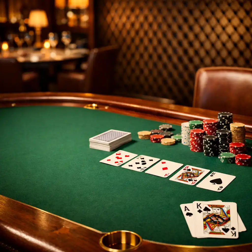 Elegancki stół pokerowy z zielonym suknem, rozłożonymi kartami i stosami żetonów w ciepłym świetle restauracji Willow Dining
