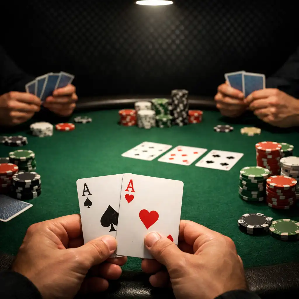 Stół pokerowy z zielonym filcem, kartami i żetonami
