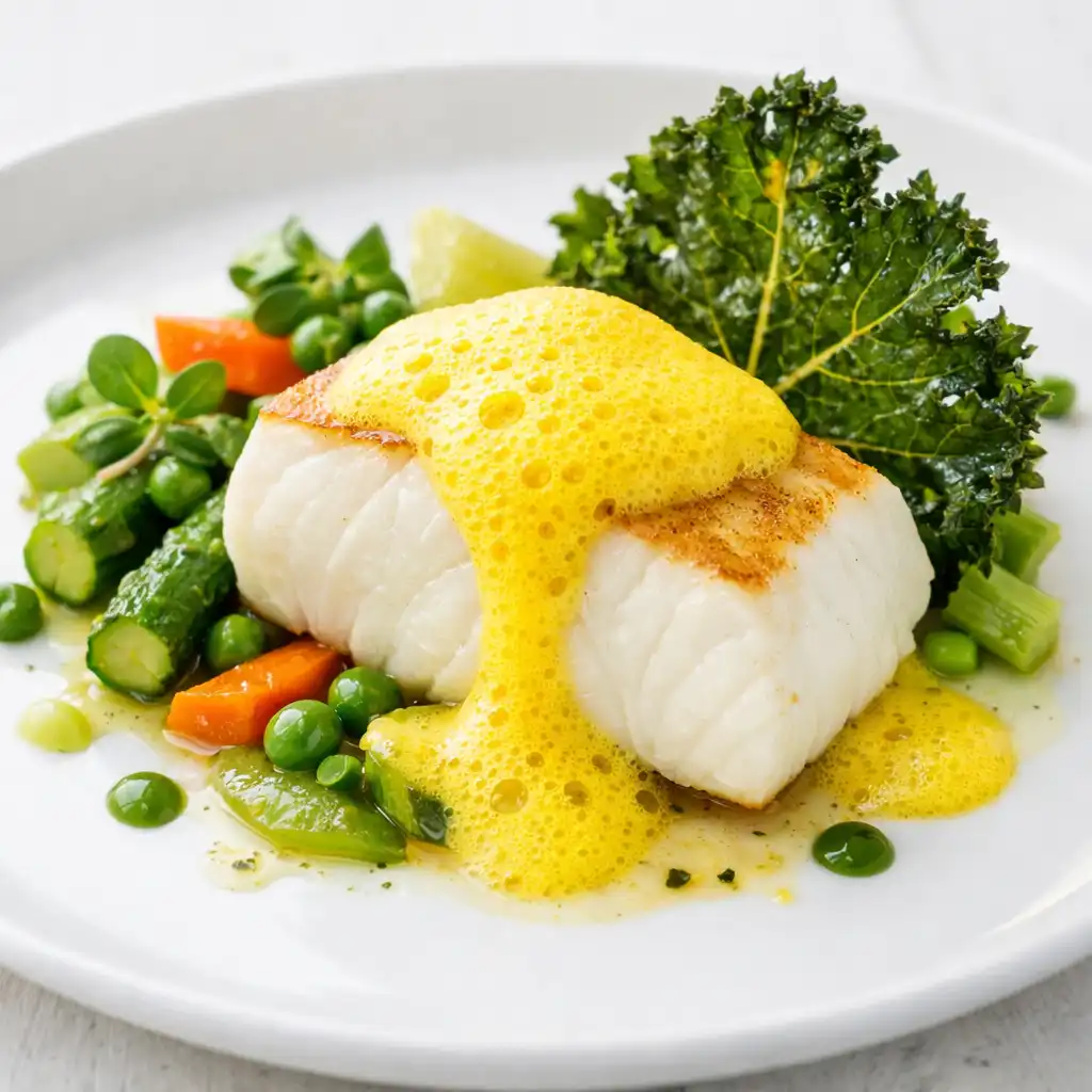 Halibut z pianką szafranową i chipsem z jarmużu